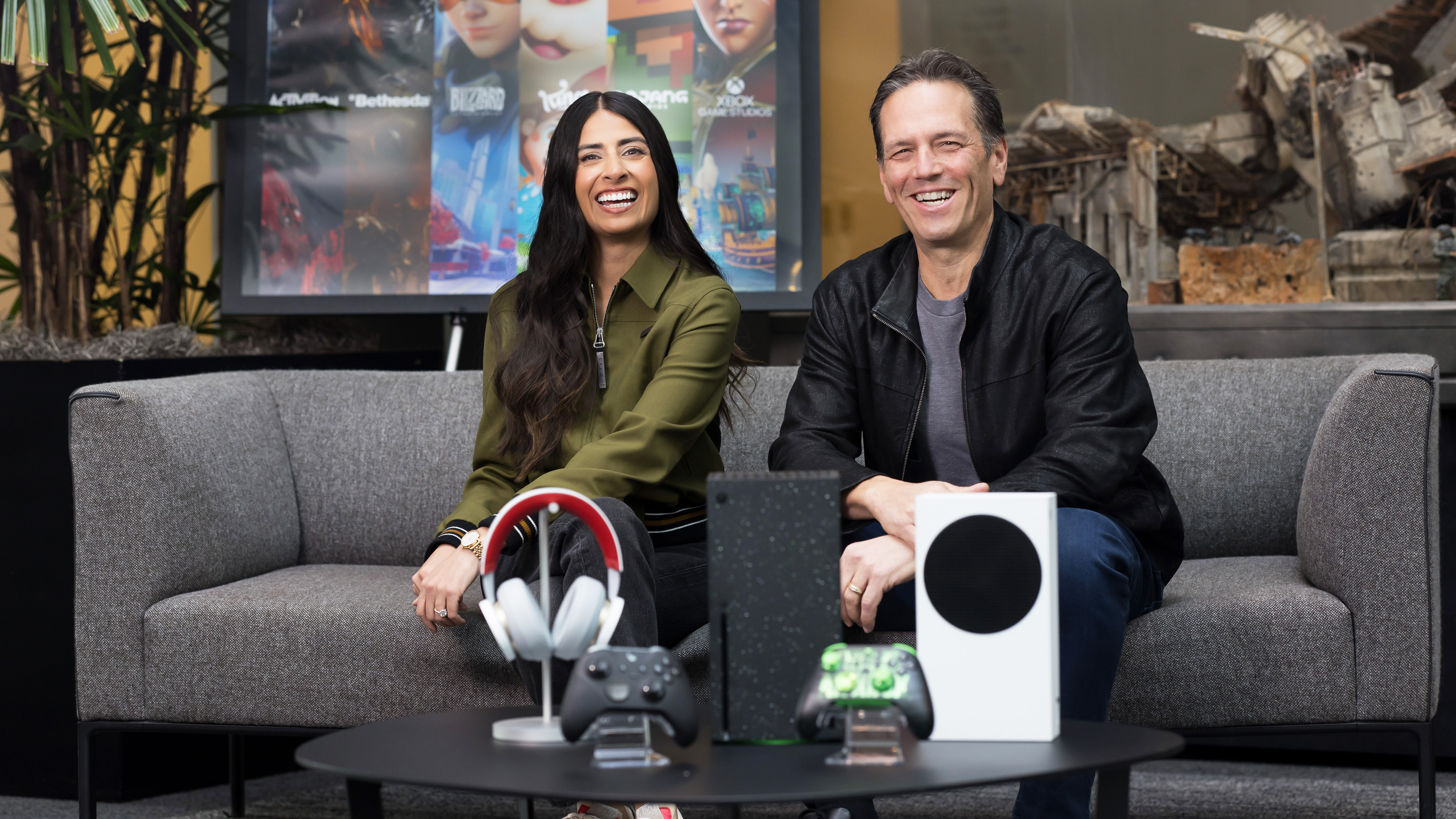 Asha Sharma and Phil Spencer seated together