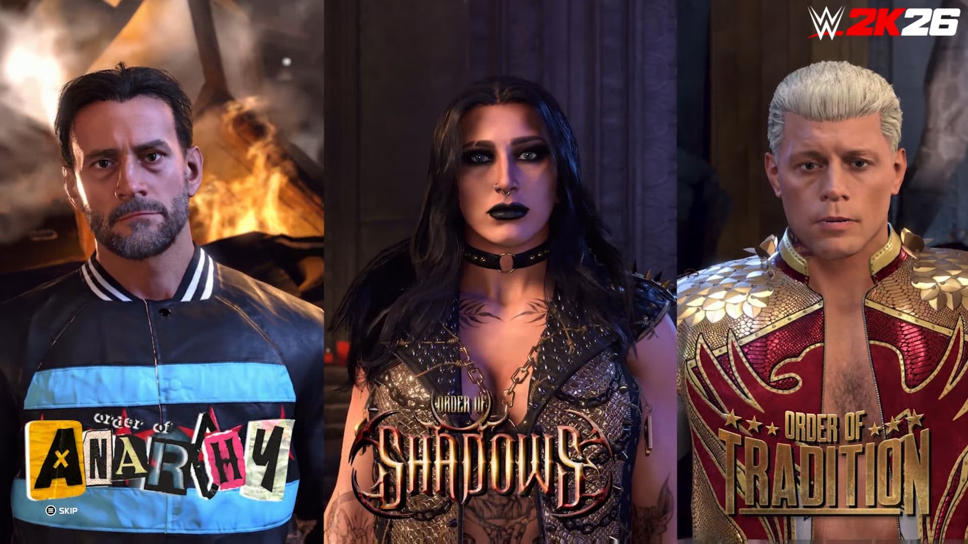 Promotional screenshot of the The Island's faction leaders in WWE 2K26