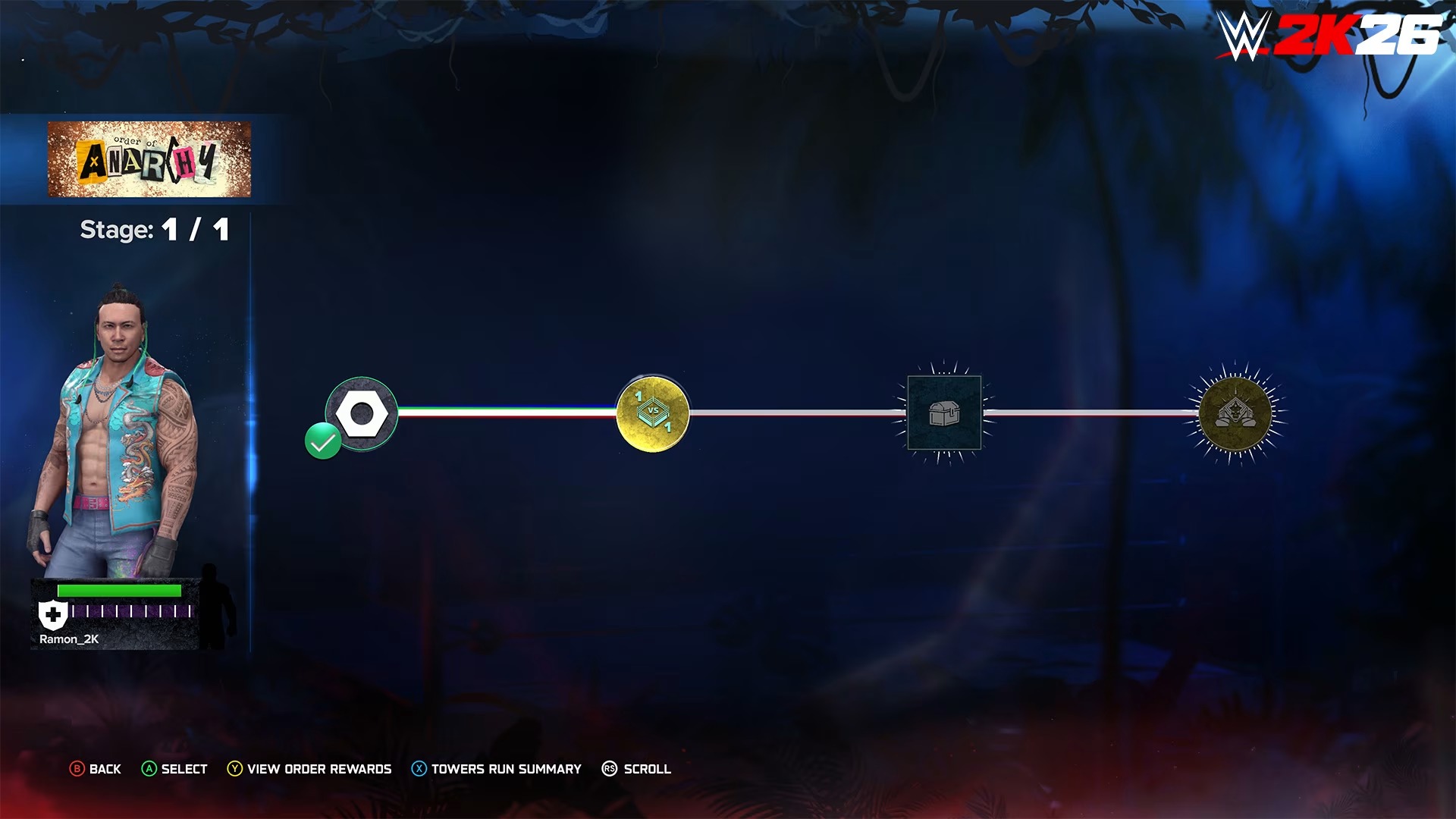 Promotional screenshot of a Tower challenge in WWE 2K26's The Island mode.