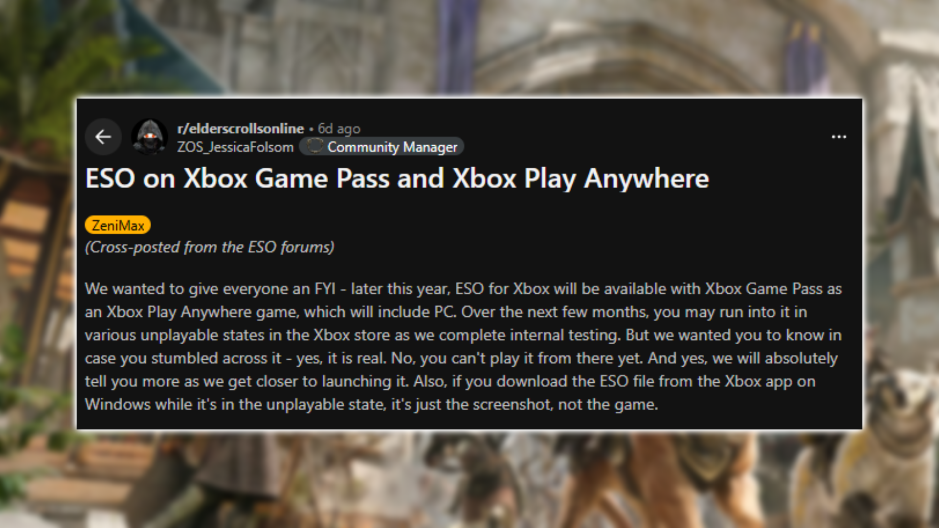 Reddit post by ZOS_JessicaFolsom