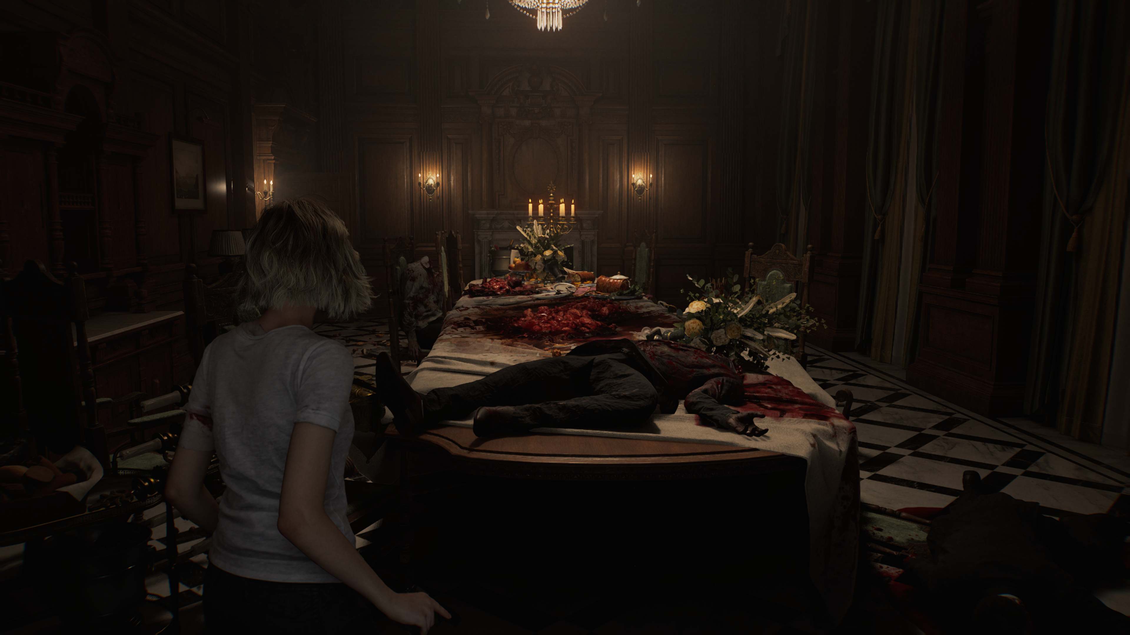 Resident Evil Requiem review, Grace encounters corpses on a dining table