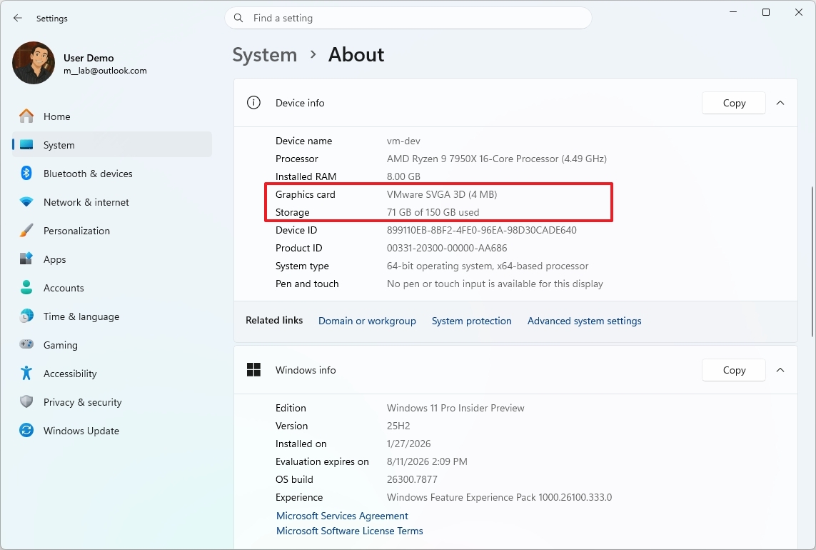 Страница "О системе" с информацией о GPU и хранилище