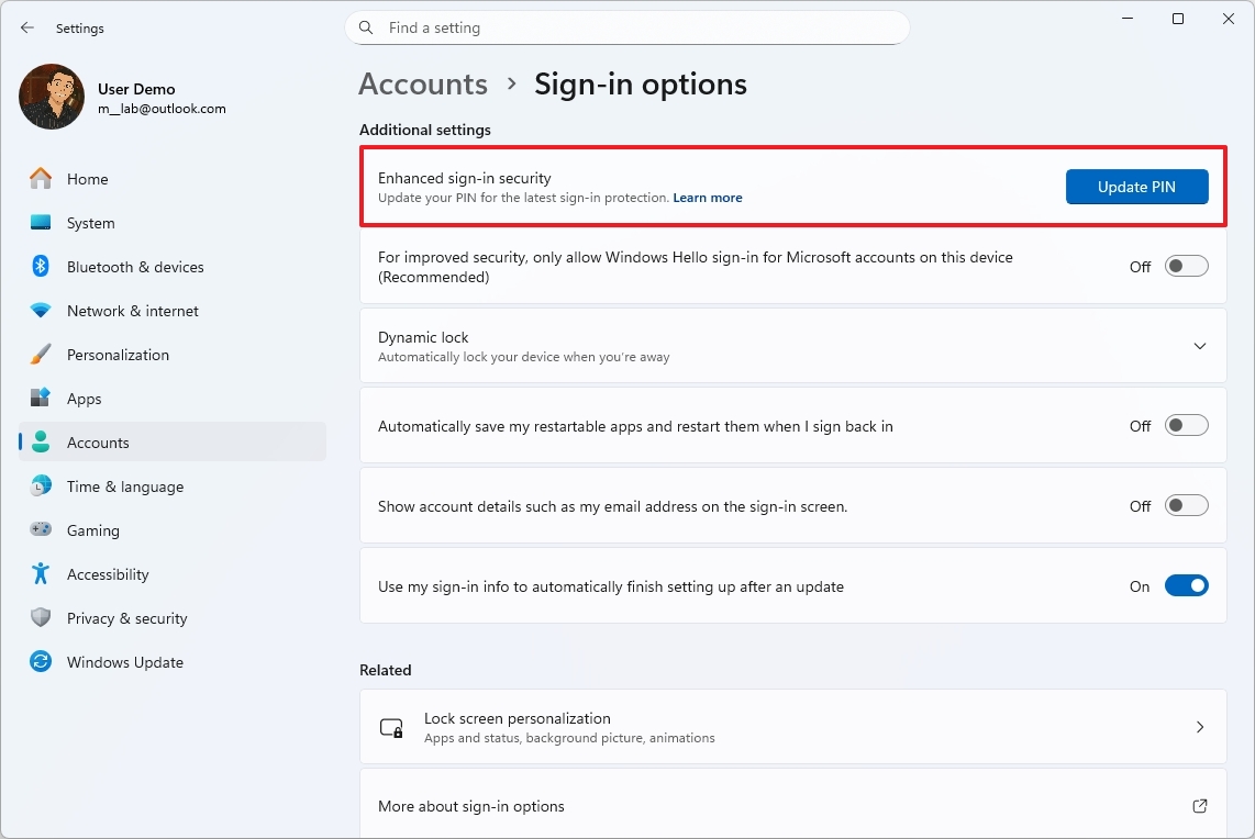 Улучшенная безопасность входа Windows 11