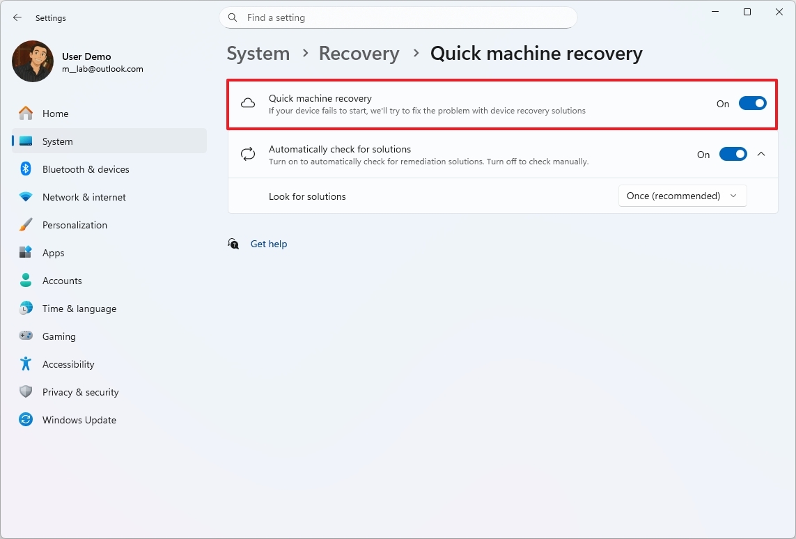 Настройки Quick Machine Recovery
