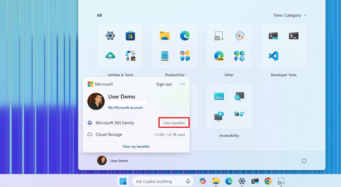 Новая опция "Учетные записи" в меню "Пуск"