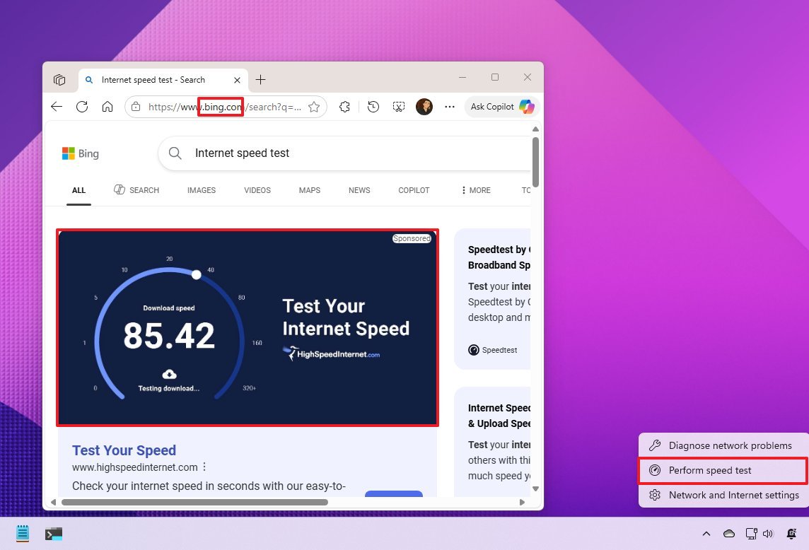 Тест скорости сети в Windows 11