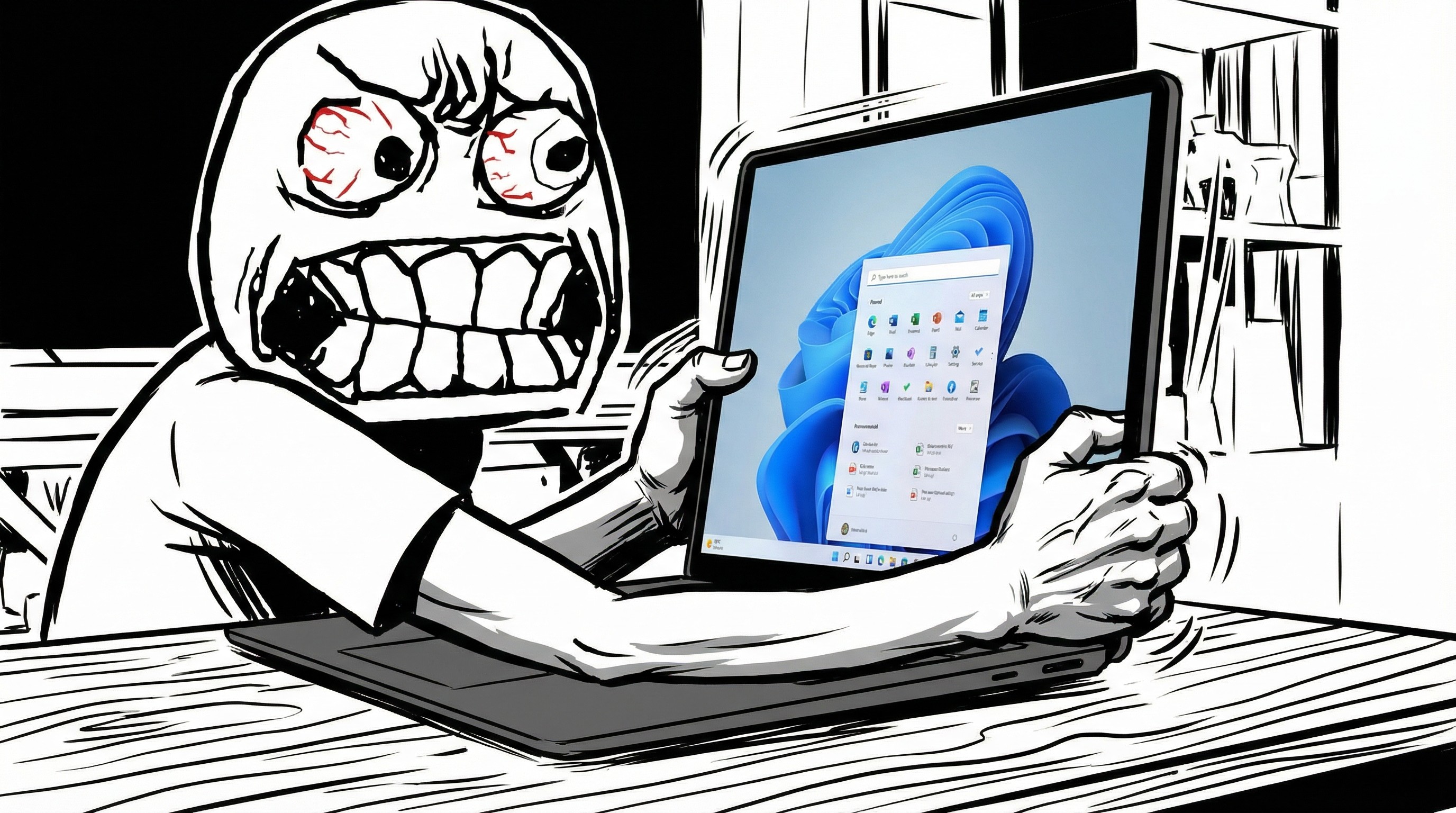 Rage face meme grabbing Surface Laptop with Start menu