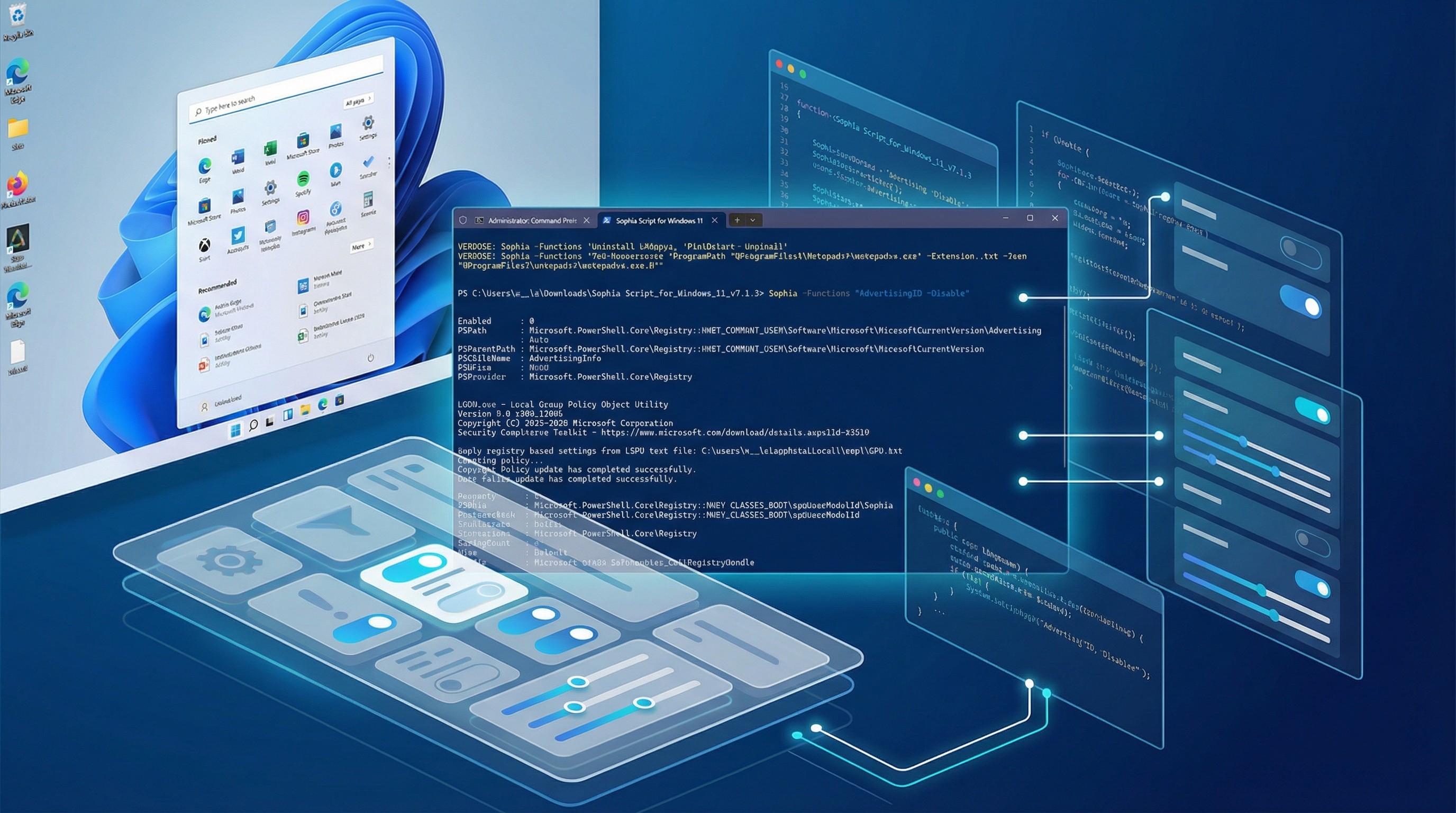Mockups of Sophia Script app for Windows 11