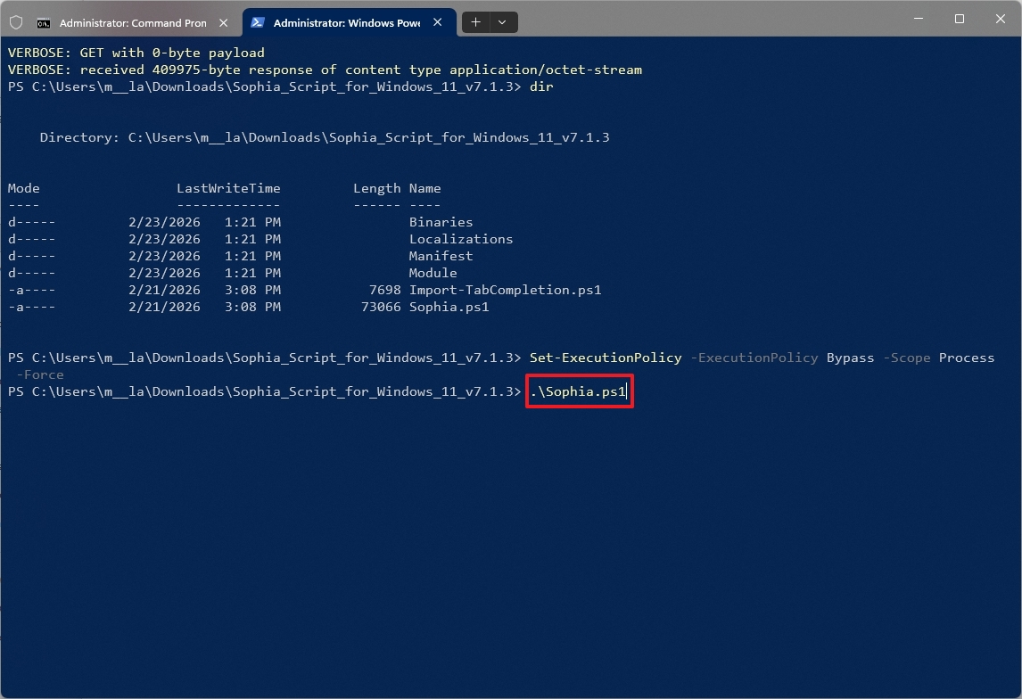 Windows 11 run Sophia Script from PowerShell