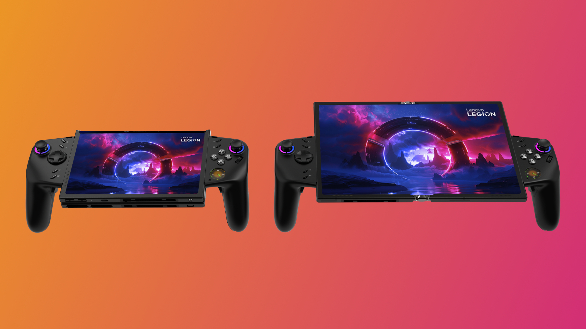 Lenovo's Legion Go Fold concept shown in standard handheld mode and horizon full-screen mode.