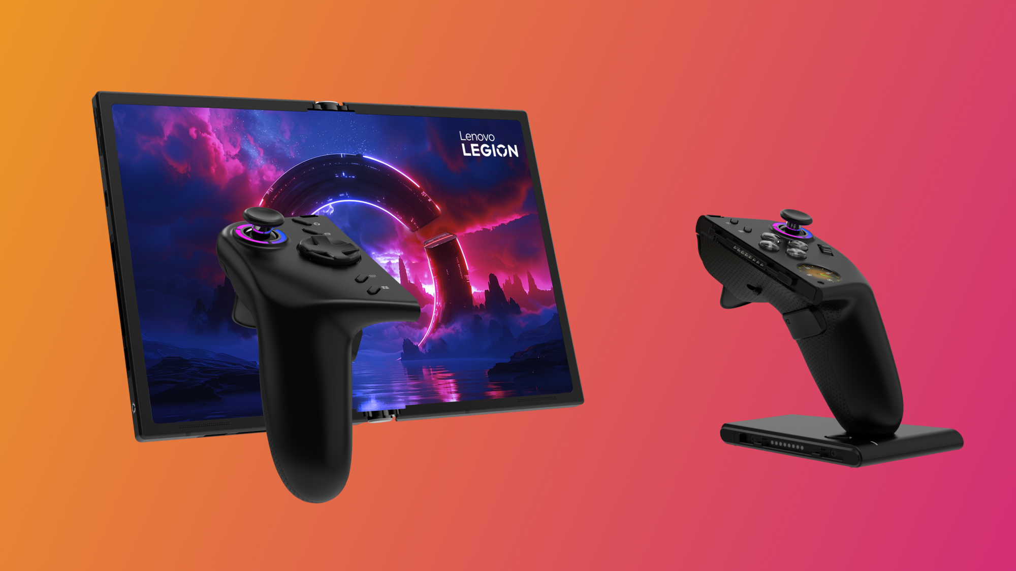 The Legion Go Fold's controllers detached from the PC and attached together to create a gamepad.