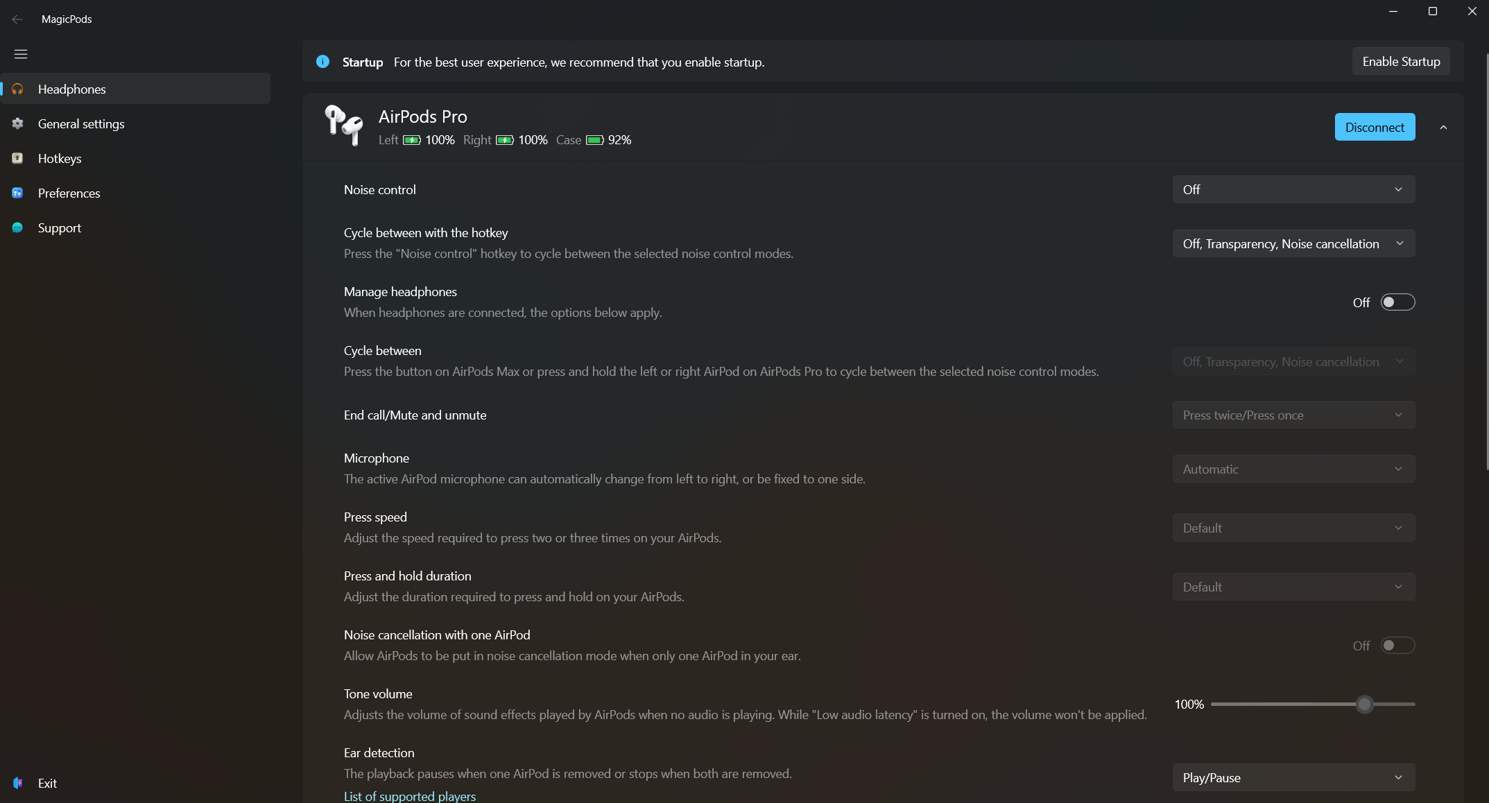Виджет батареи AirPods в приложении MagicPods
