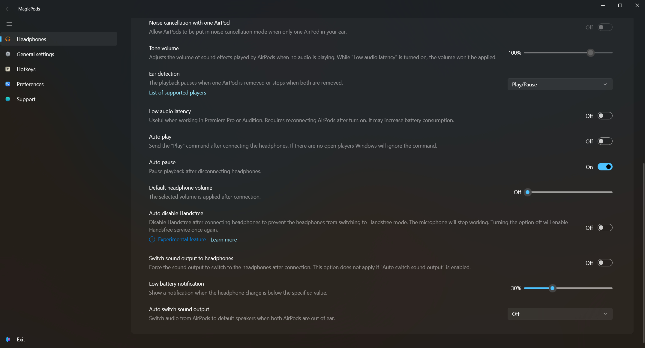 Управление звуком в приложении MagicPods