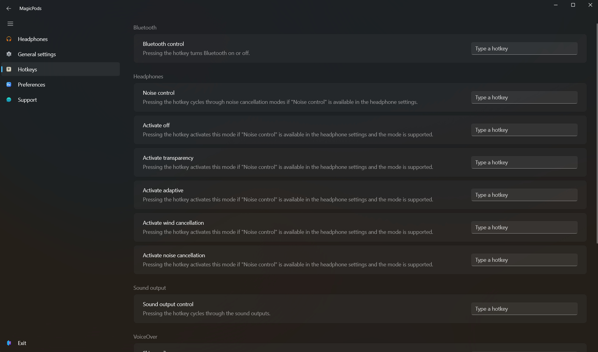 Настройки горячих клавиш в MagicPods