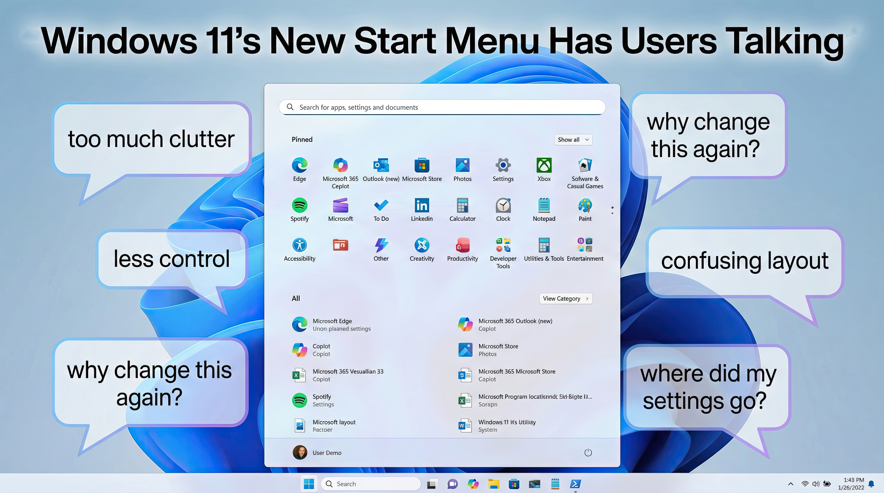 Windows 11 Start menu with user comments.