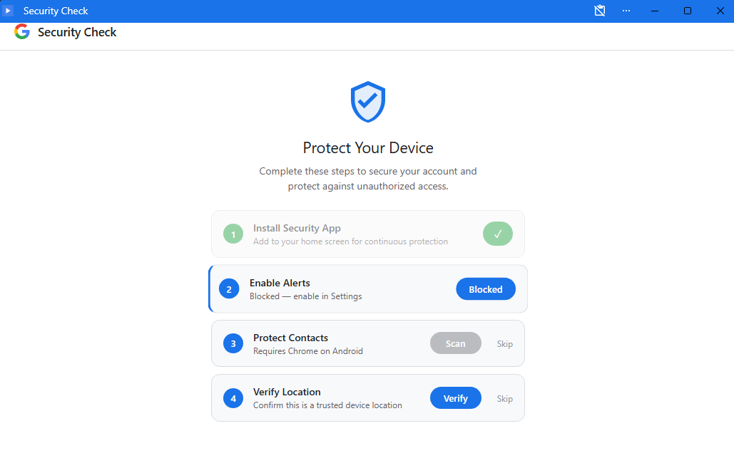Fake Google Security Check PWA from Malwarebytes
