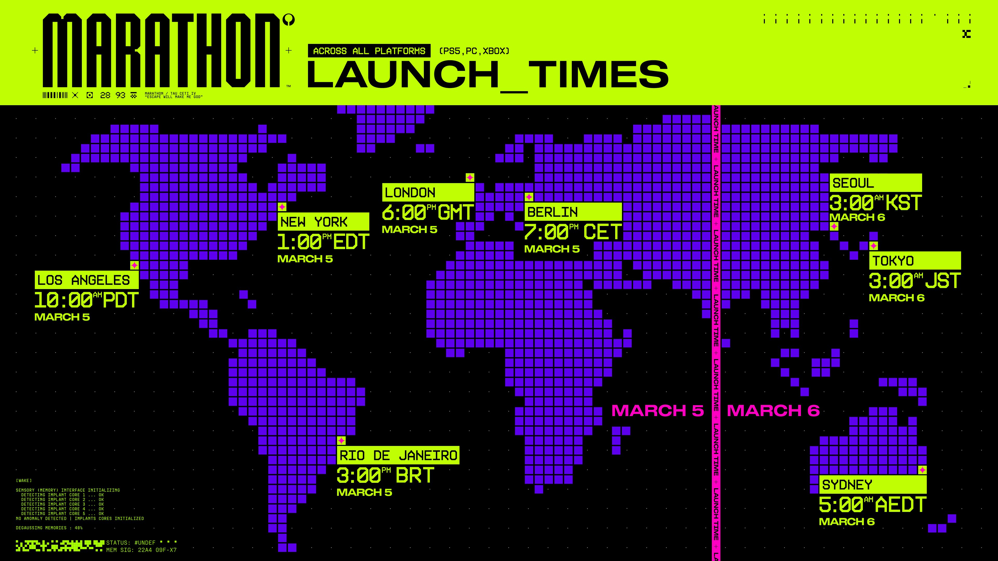 Table with Worldwide Launch Times for Marathon