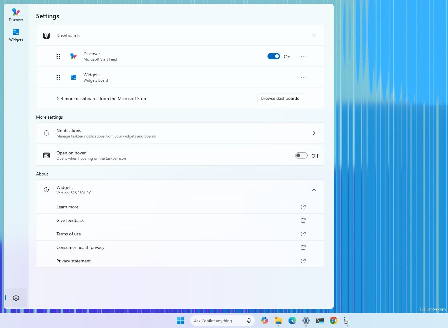Новая страница настроек Виджетов