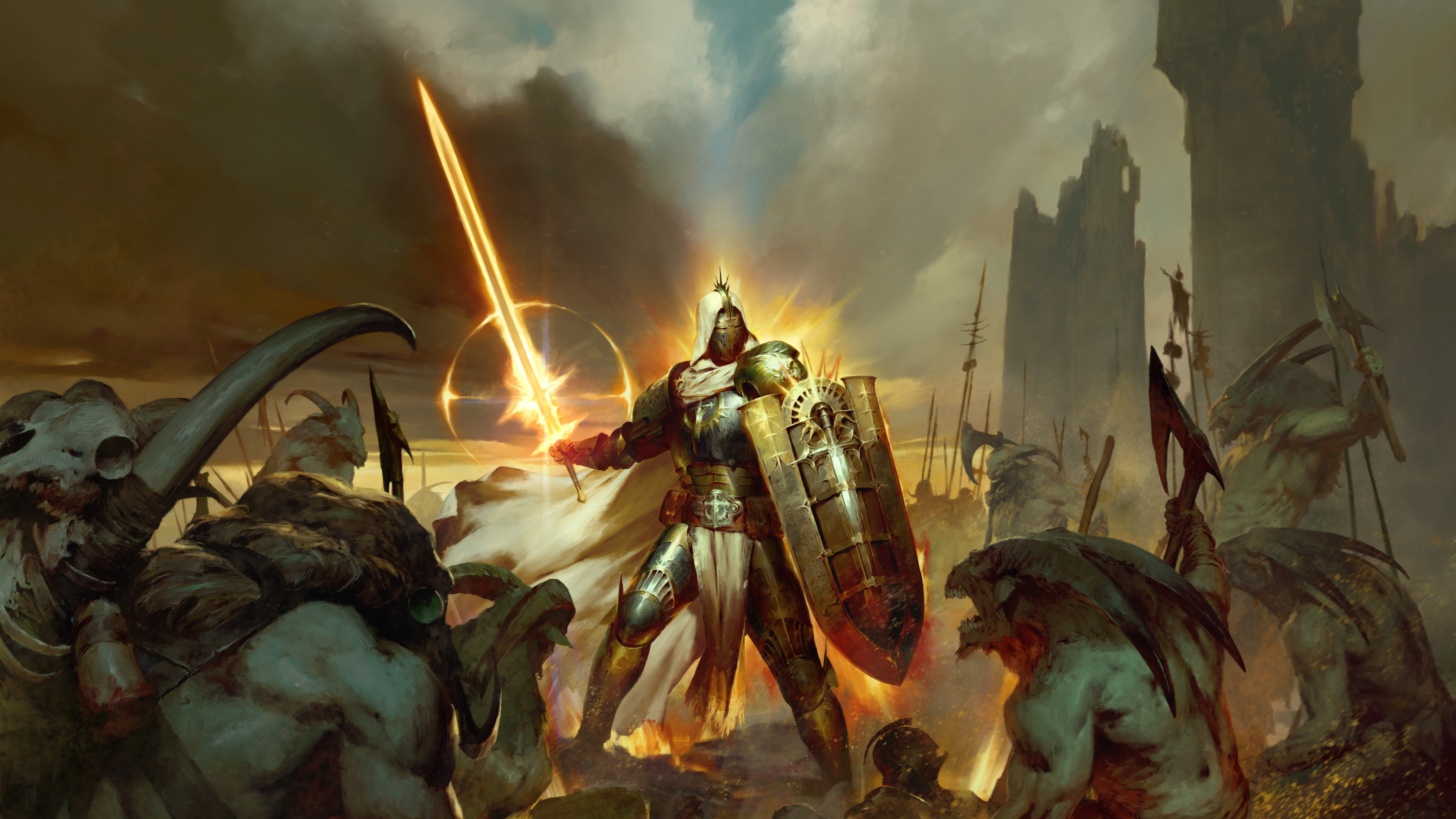 "Heavily armored soldier with a sword bathed in white holy light faces off against a crowd of demons"