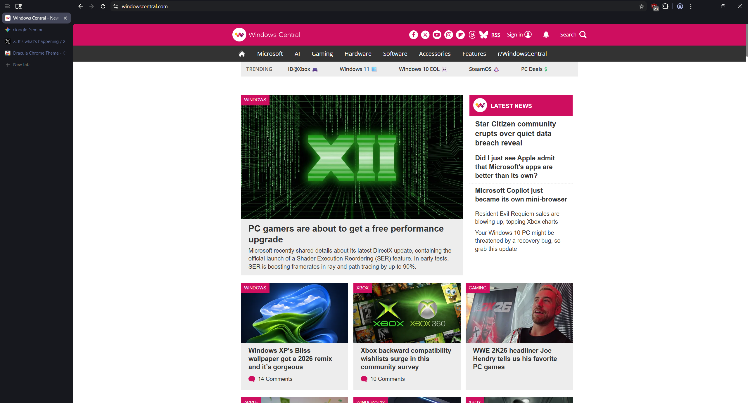 The Windows Central homepage open in Helium browser for Windows 11.