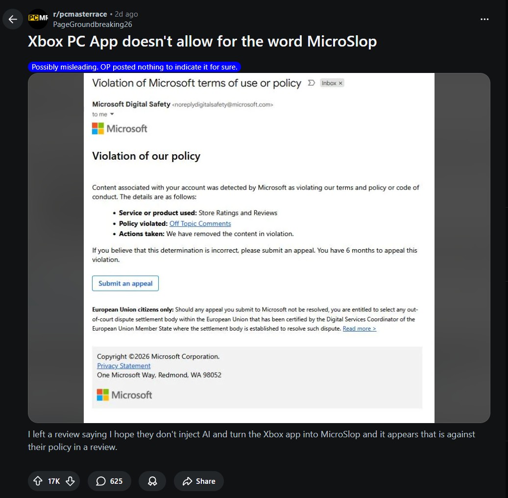 Microsoft опровергла фейк о запрете слова "Microslop" в отзывах Xbox приложение для ПК