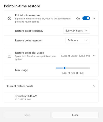 List of available restore points.