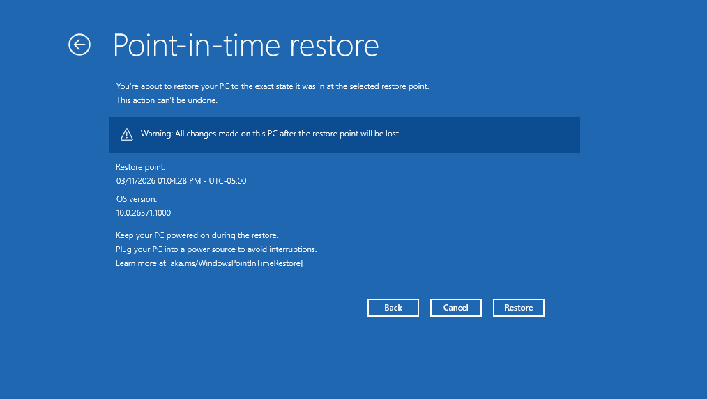 Point-in-time restore updated messaging.