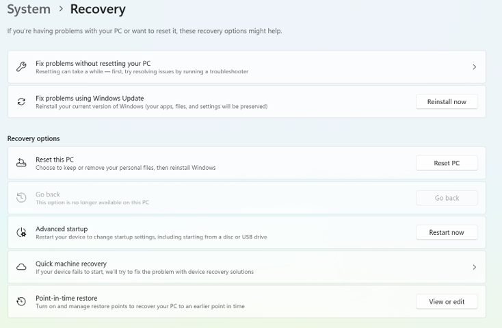 Point-in-time restore settings (local admin view).
