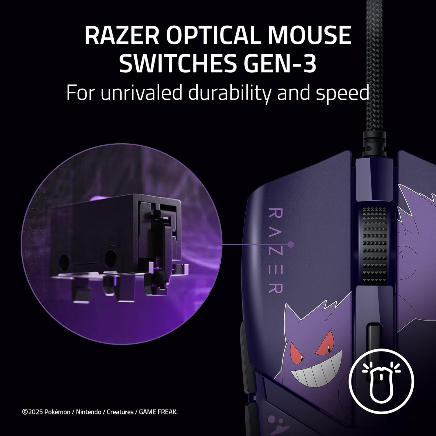 Razer optical mouse featuring Gen-3 switches depicted in a dark purple theme with a Gengar design. Text highlights durability and speed.