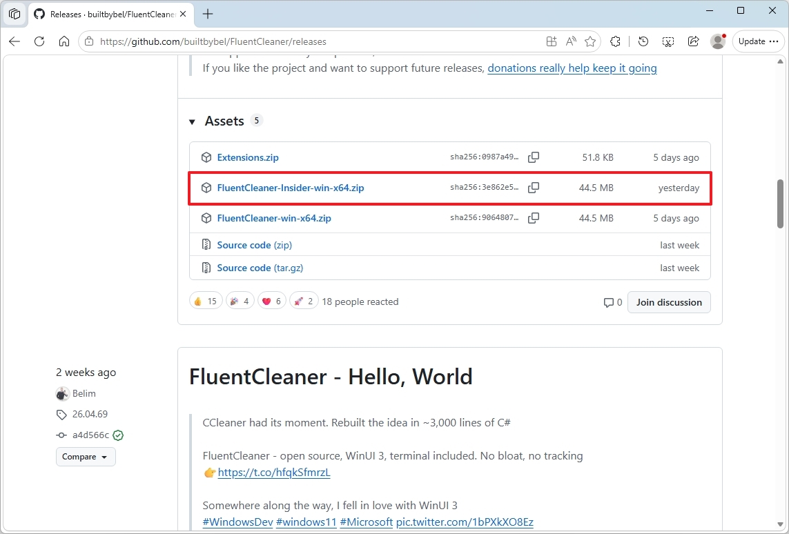 Screenshot of a GitHub release page for FluentCleaner. Assets listed include "FluentCleaner-Insider-win-x64.zip," highlighted in red. The release date is two weeks ago.