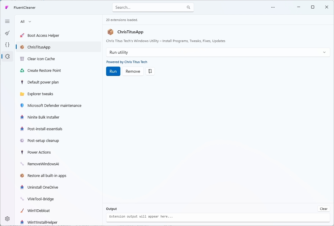 Fluent Cleaner is showing no installed extensions. Includes side icons, a search bar, and prompts to get extensions on GitHub.