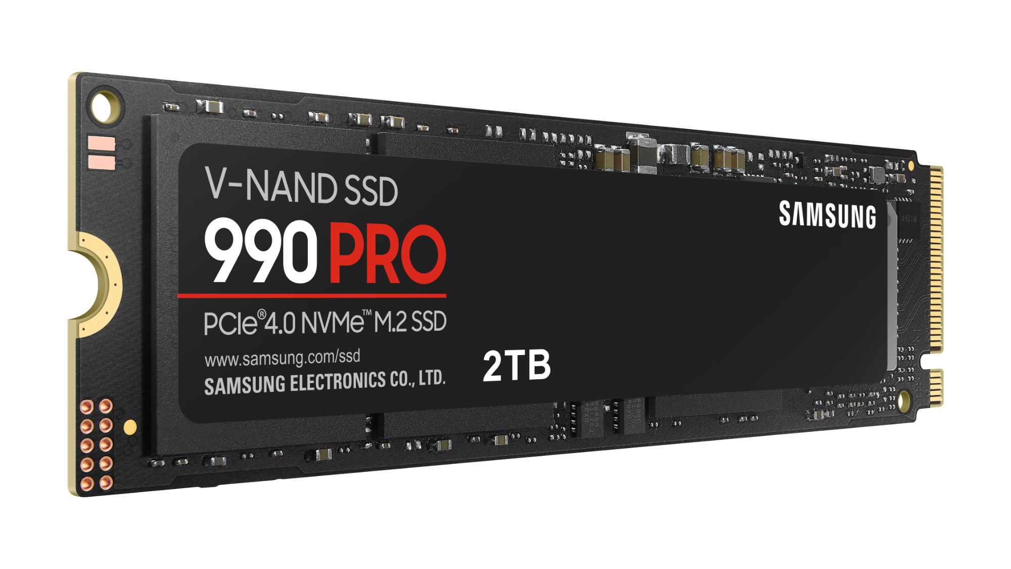 Черный Samsung 990 Pro V-NAND SSD с красным и белым текстом, отображающим ёмкость "2TB". Стильный дизайн, подчеркивающий скорость и эффективность.