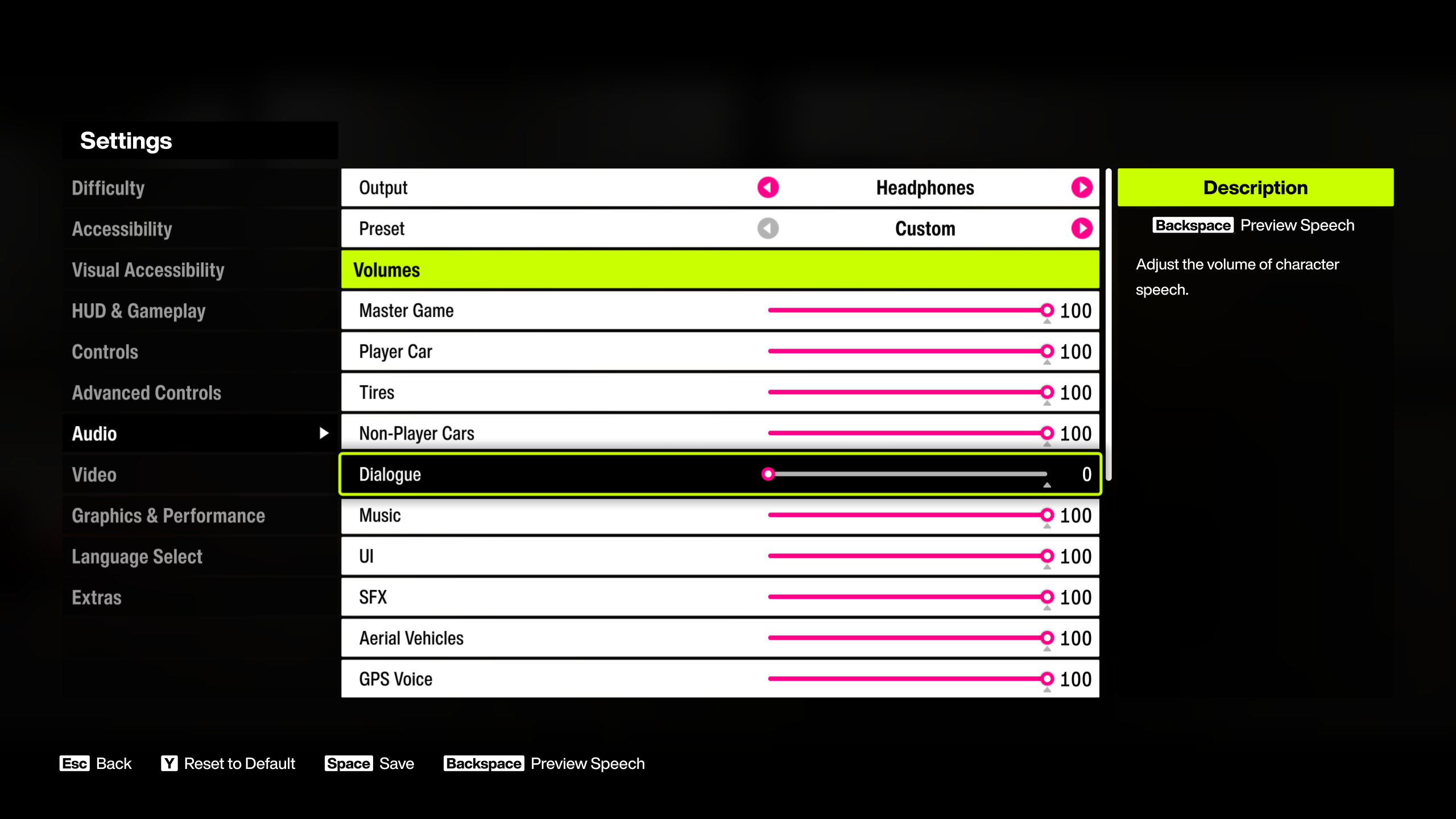 A screenshot of Forza Horizon 6 audio settings showing how to turn down character speech volume.
