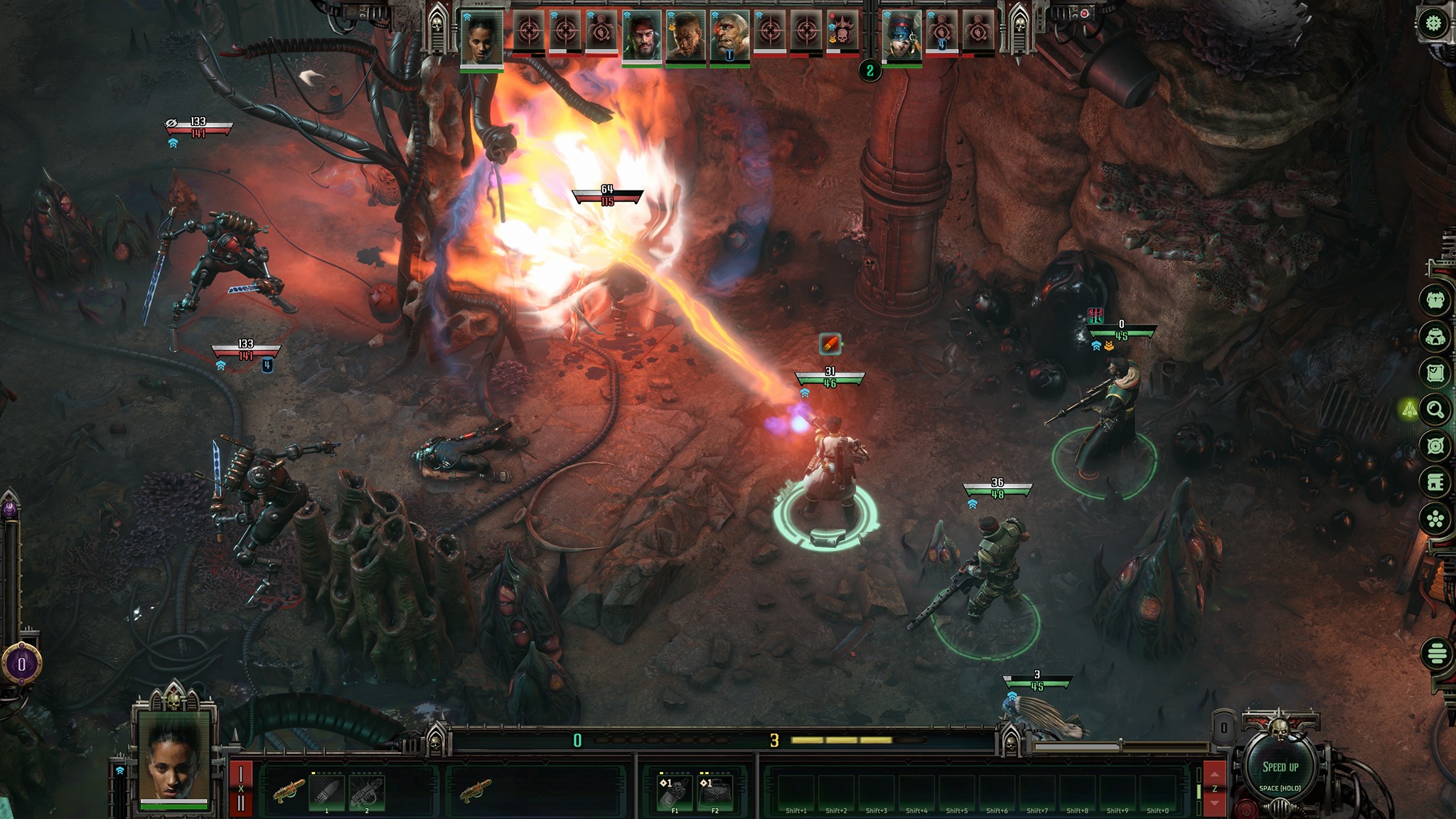 A futuristic battle scene from a video game, with armored characters engaging in combat. A bright explosion and laser blast highlight the intense action.