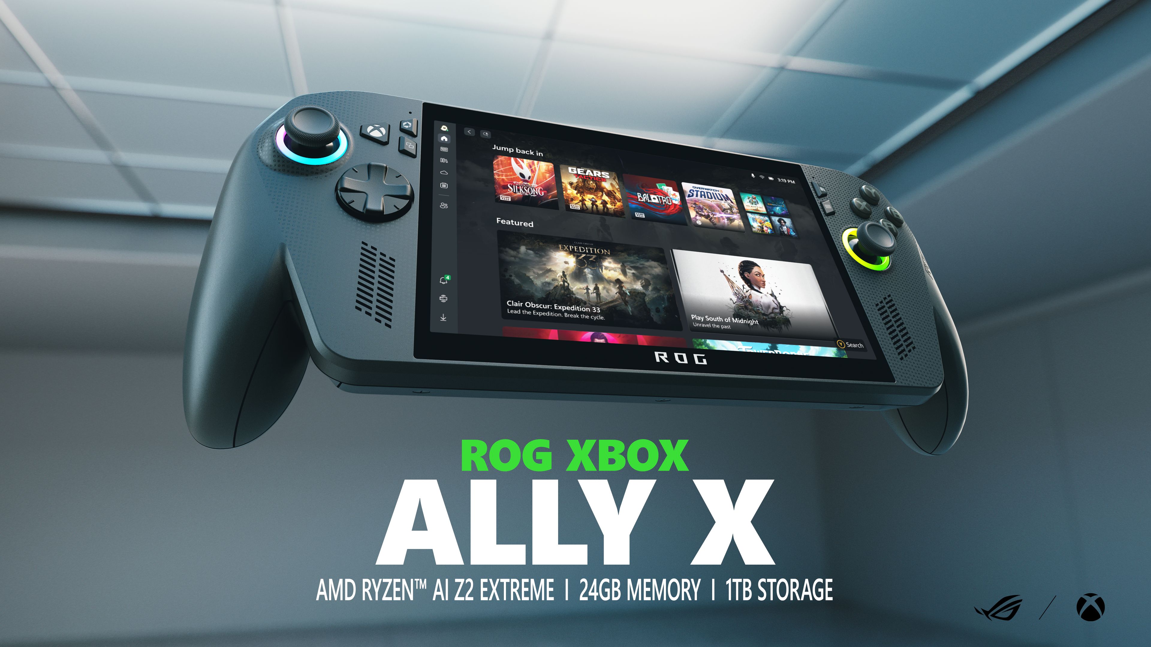 Promotional image of the ROG Xbox Ally X handheld showcasing its gaming interface, Ryzen AI Z2 Extreme chip, 24GB memory, and 1TB storage.