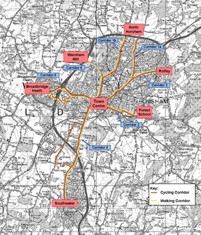 Plan of the 6 Horsham LCWIP corridors