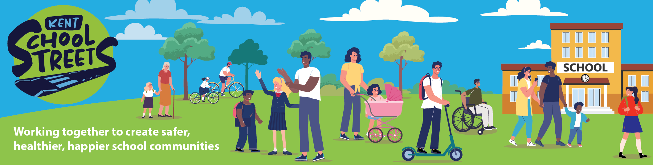 Kent School Streets - a school, cyclists, people walking, person pushing a pram, person in a wheelchair & child on a scooter