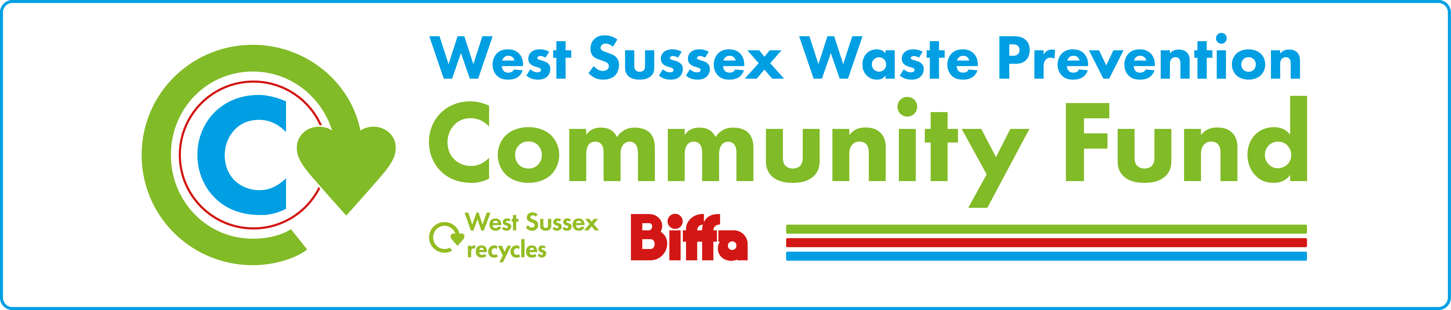 A recycling logo in green with the words Biffa and  West Sussex Waste Prevention Community Fund 