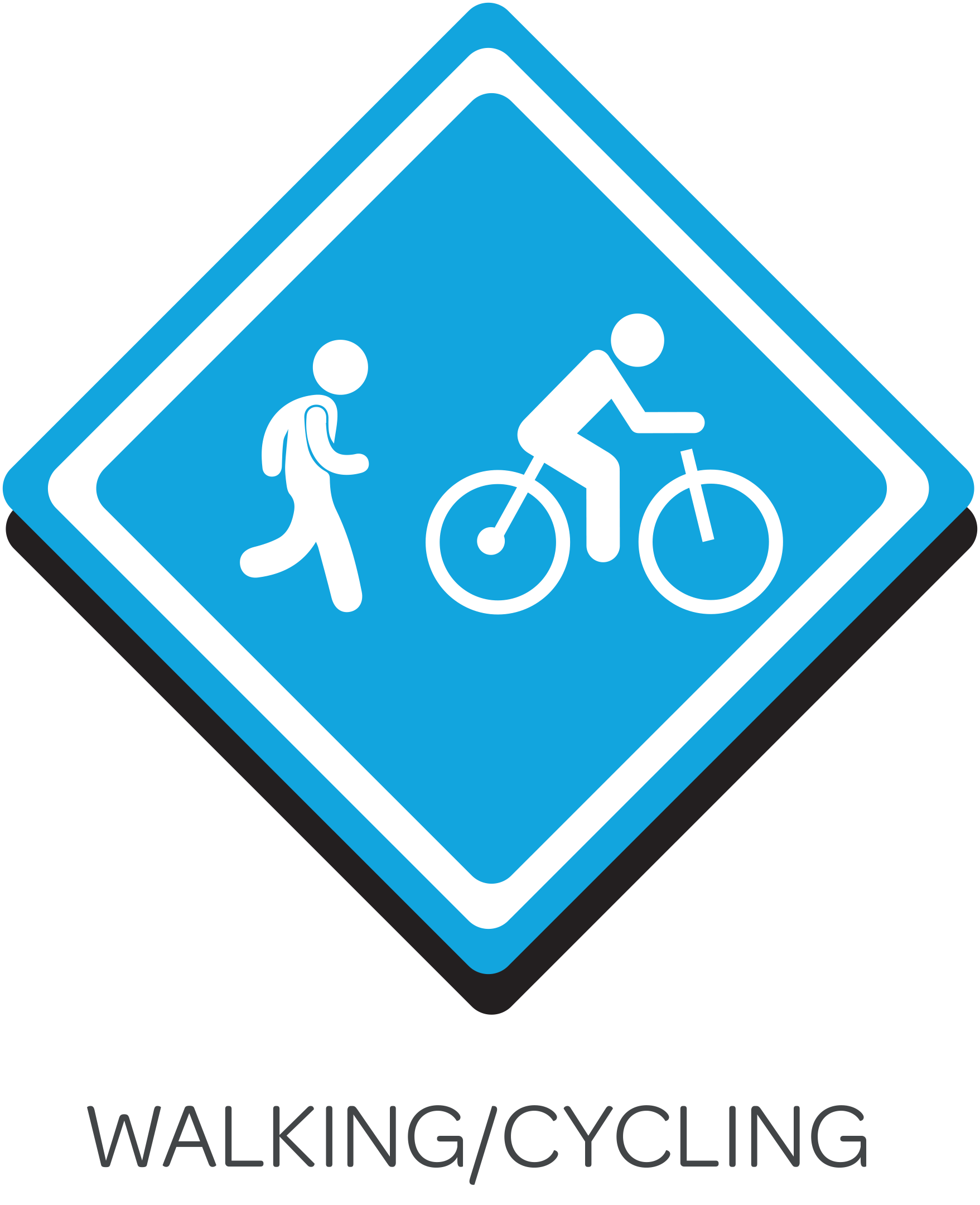 Blue diamond showing a person on a bike and a person walking