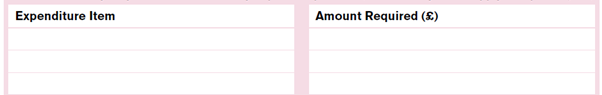 Please provide a list of expenditure items and the amount of money required for each item.