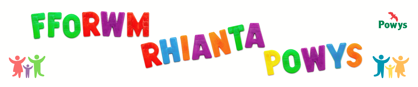 Fforwm Rhianta Powys in colourful letters on a white background