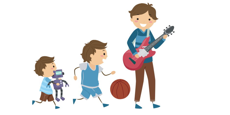 cartoon image of 3 children - one pre-school age, one school age and a teenager