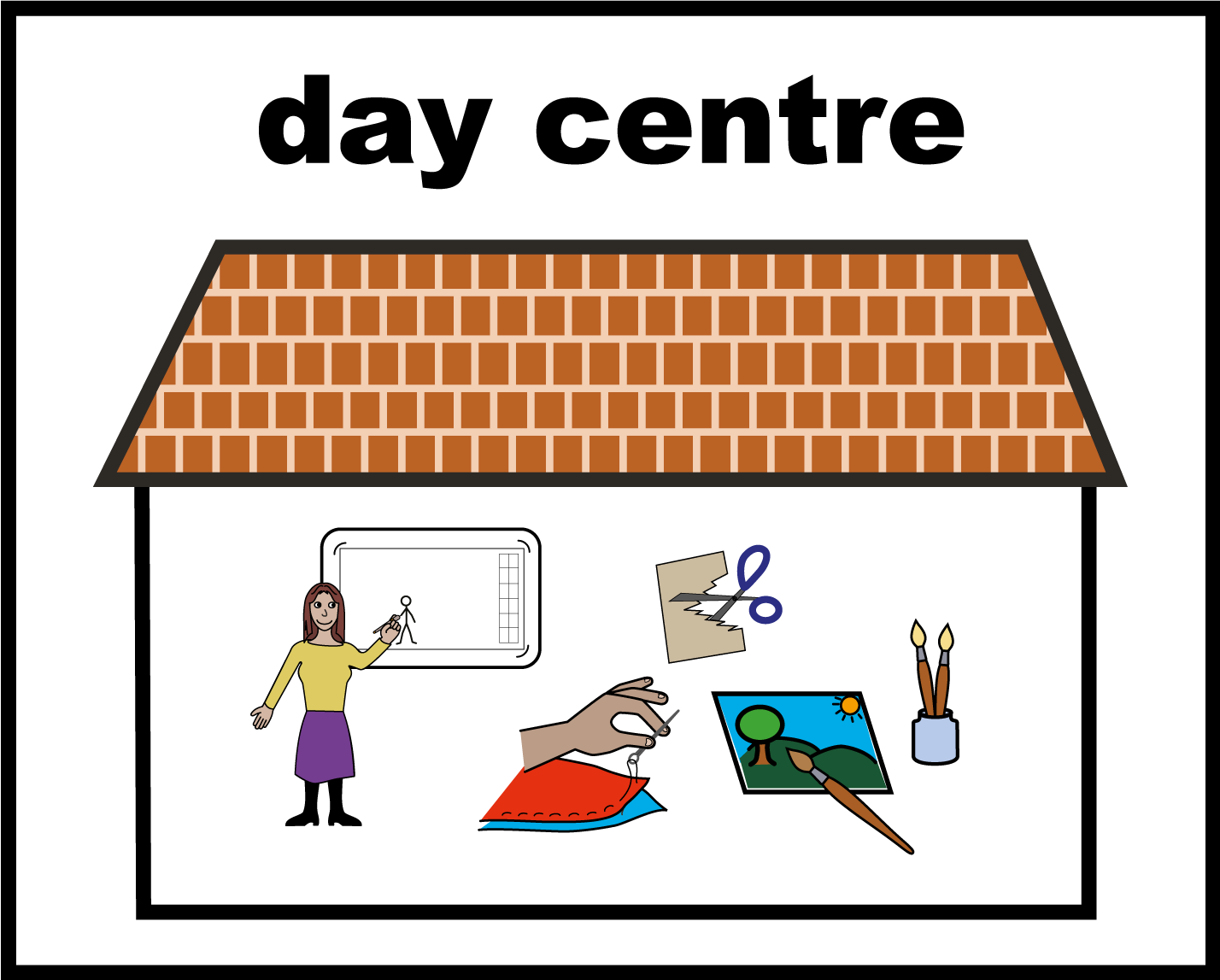 Illustration of a building containing pictures of different creative activities