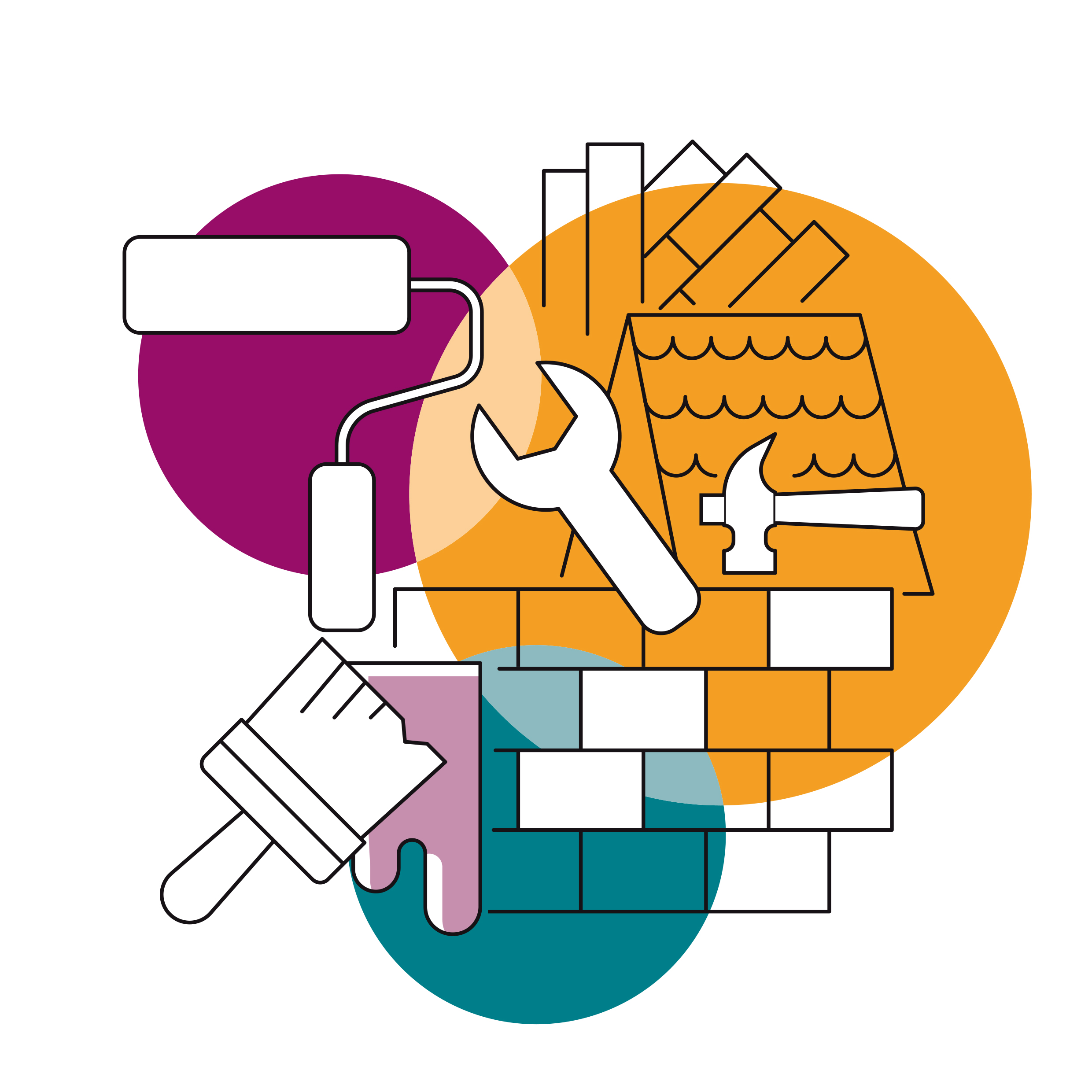 A drawing of repair tools - hammer, spanner, paint brush and roller, with brickwork and a roof in the background