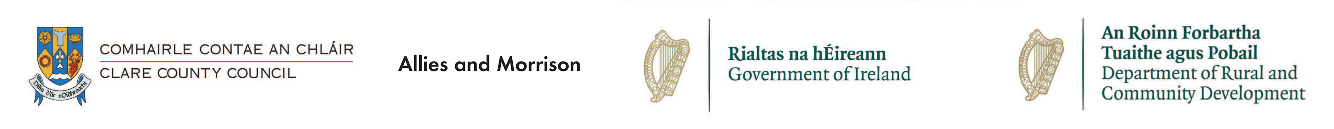 Goverment of Ireland, Department of Rural and Community Development, Clare County Council and Allies and Morrison logos