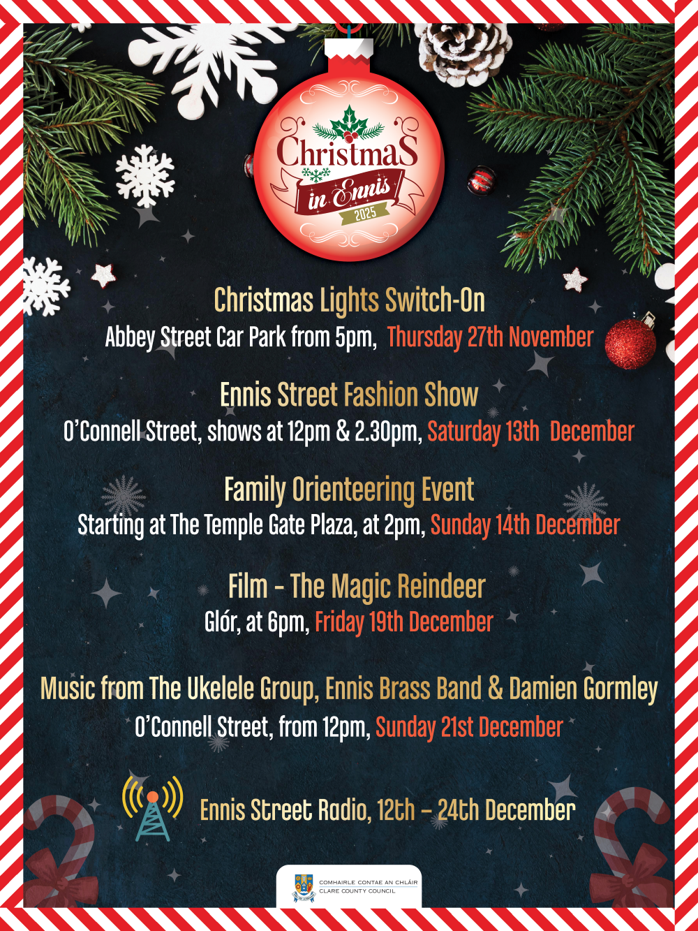 Promotional Poster listing activity dates for christmas in ennis