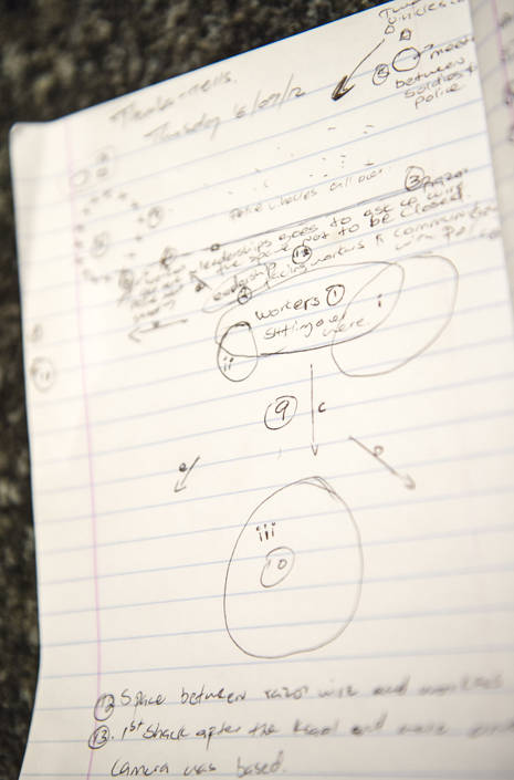 Photo: A map drawn by an eyewitness and a researcher shows the spatial context of the events of August 16, and also the sequence of them. Nkanini, Marikana, North West Province, South Africa, 27 August 2012. (Greg Marinovich)