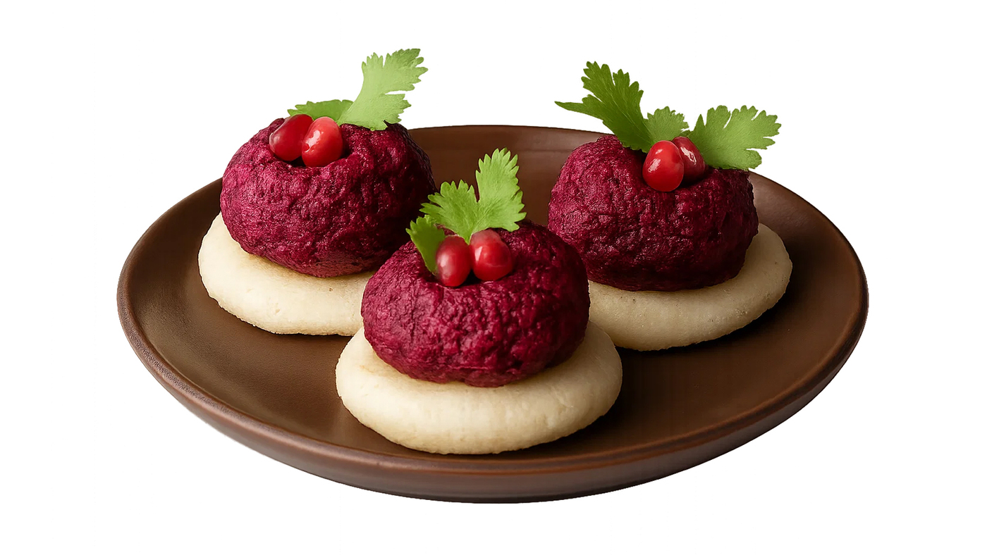 Beetroot  Pkhali on Mchadi Cornbread 