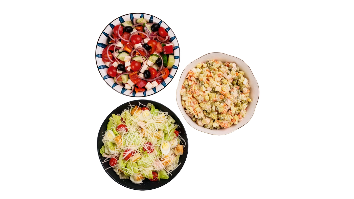 Set of Salads for Sharing - Caesar, Greek & Chicken Olivier