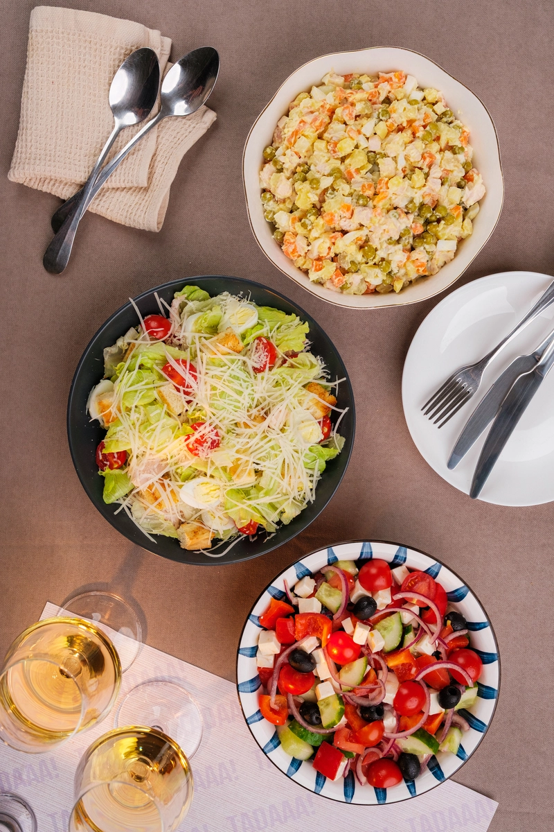 Set of Salads for Sharing - Caesar, Greek & Chicken Olivier